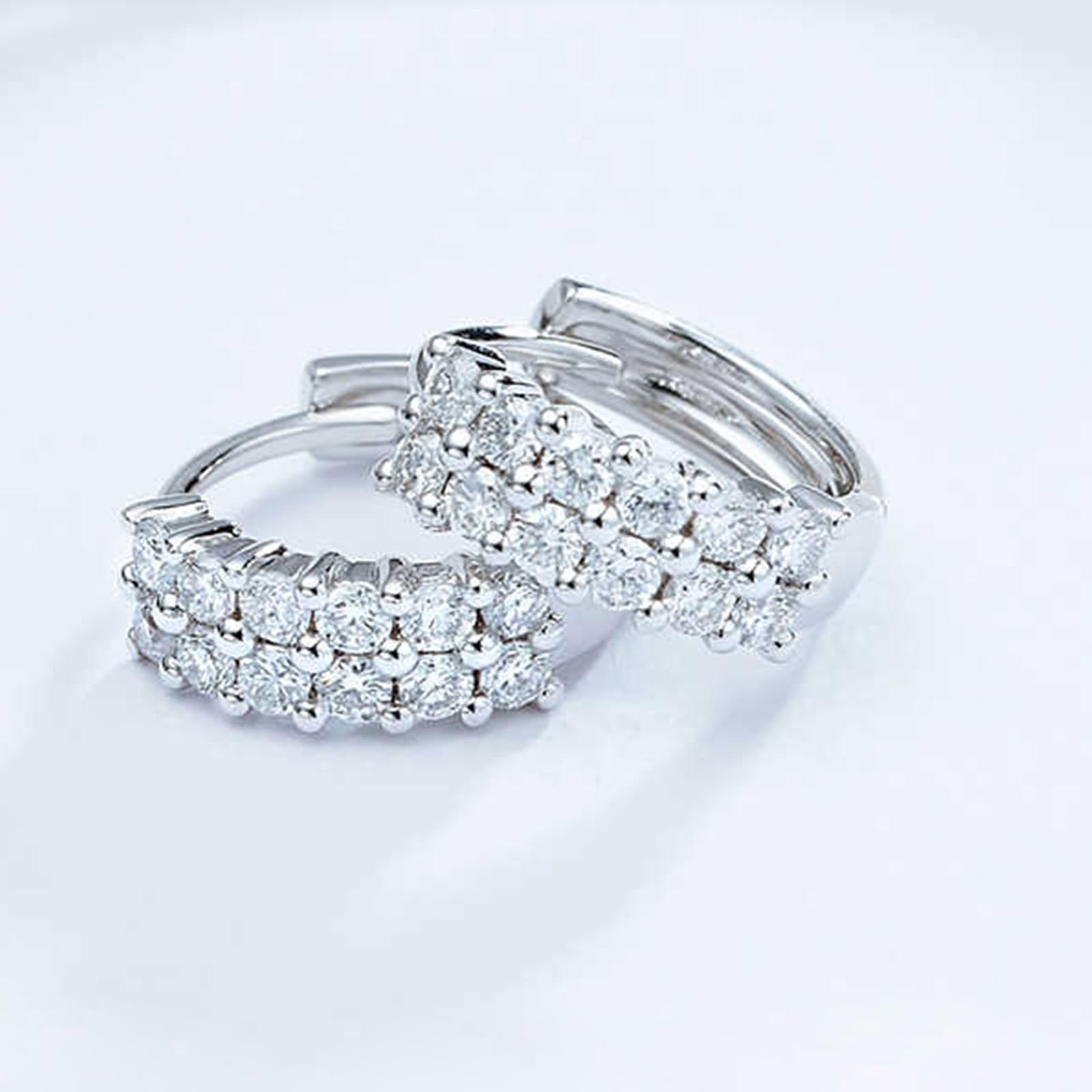 Creole Hoop 9K/14K/18K białe złoto, białe laboratorium stworzone diamenty podwójne rzędy kolczyków na sztyfcie damskie okrągłe szlify, 750/585/375 złote kolczyki chłopięce prawdziwe