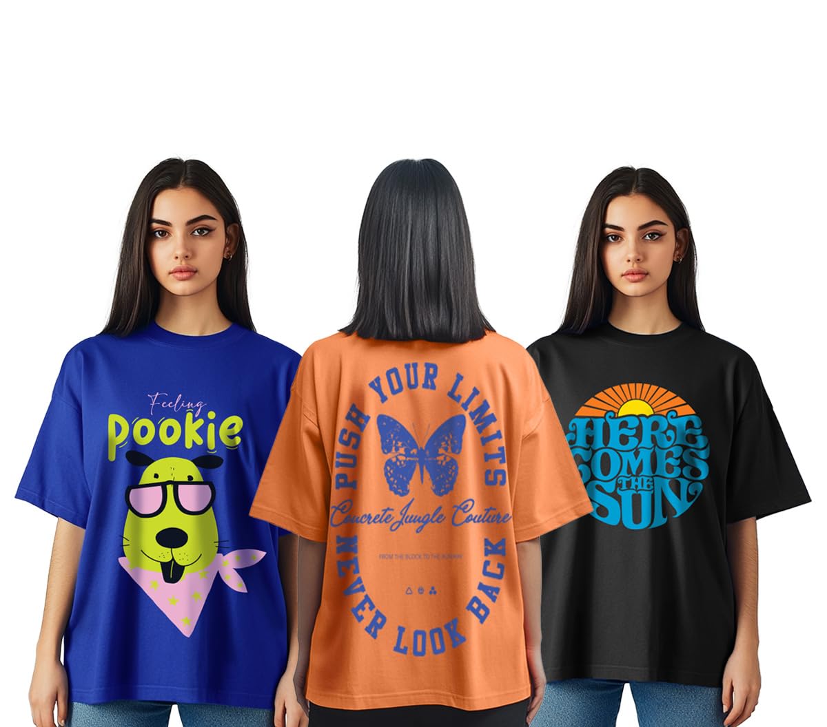 juneberry Pure Cotton Oversized Loose Baggy Fit Drop Shoulder Half Sleeve Cool Front & Back Graphic Printed Round Neck T-Shirt Combo for Women (PO3_OS_JB_SS25_PYMS_PORB_HRBK_XL)-picture-20