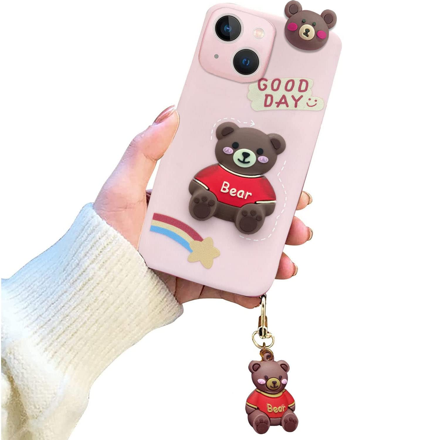 KC Back Cover for Apple iPhone 13, Cute Teddy Peeking Cartoon Shockproof with Small Bear Hanging Soft Silicon Case (Pink) (B0BS9KW9BM) Amazon Price History, Amazon Price Tracker