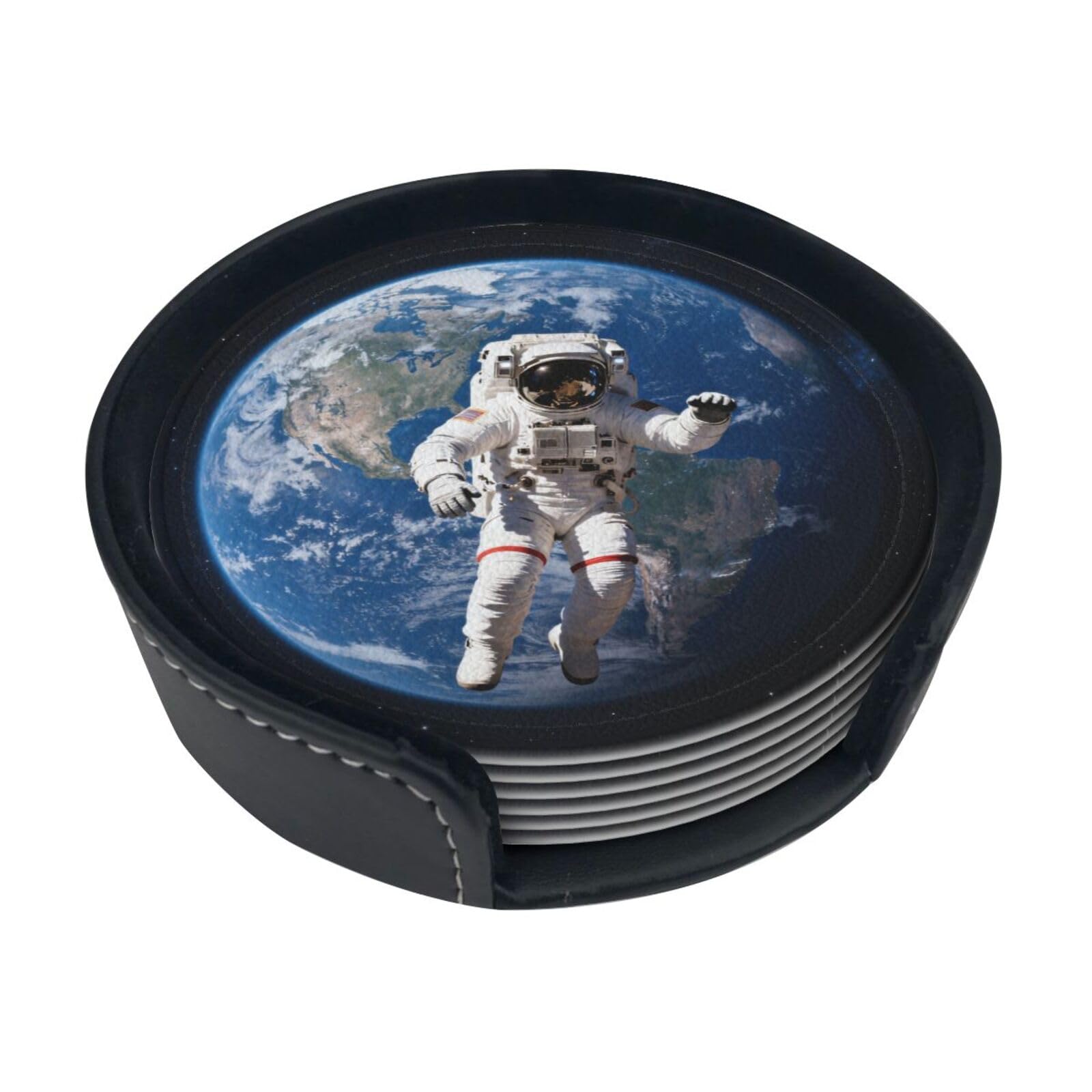 Cntdbu White Astronaut Floating Space Leather Coasters Set Of 6-Pu Leather Drink Mats For Table, Heat Resistant Round Coasters With Holder