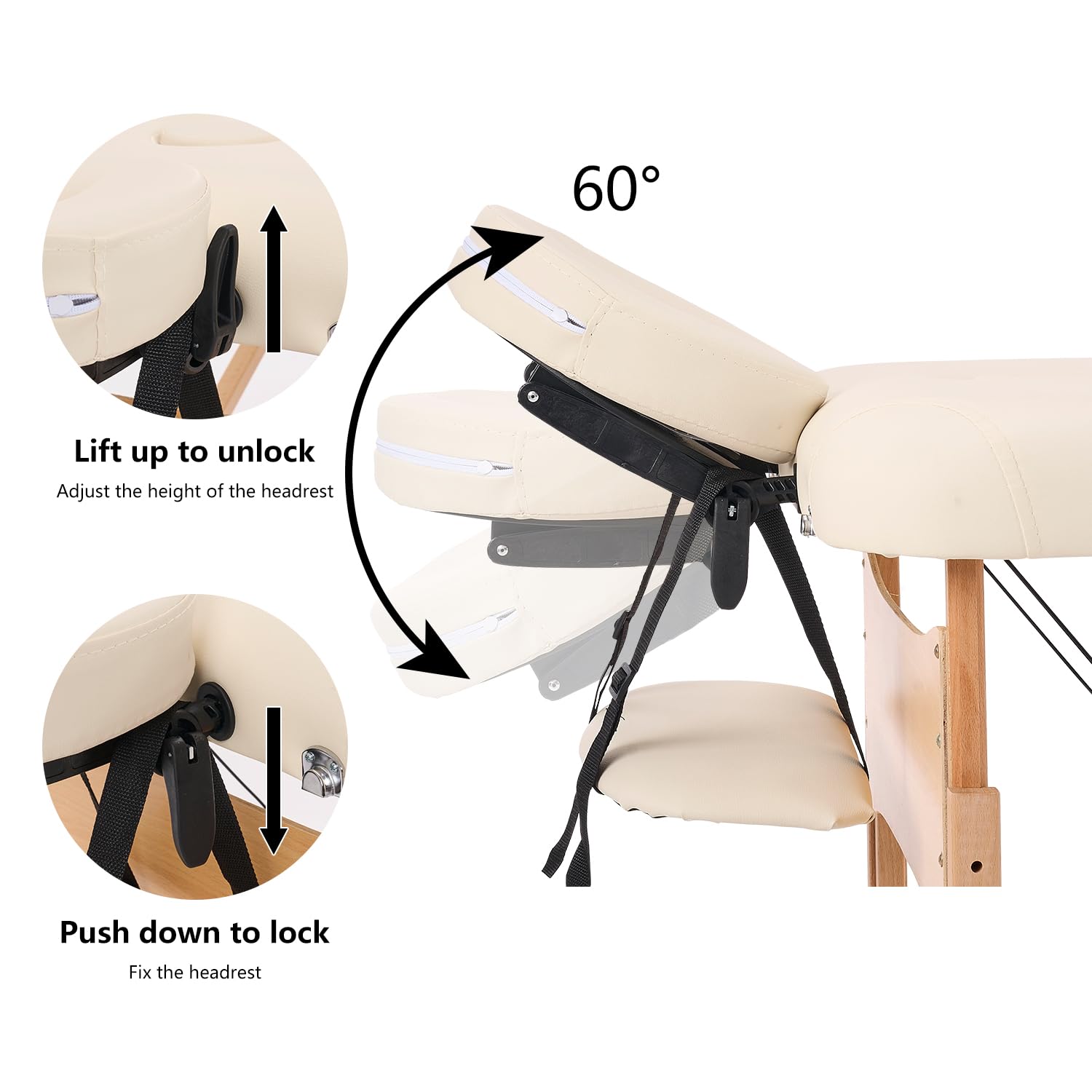 YOUNIKE Camilla Masaje Beige Plegable 2 Zonas Profesional Portátil Carga 250kg 186×70cm Altura Ajustable de Madera Haya para Belleza Tatuaje SPA con Bolsa de Transporte