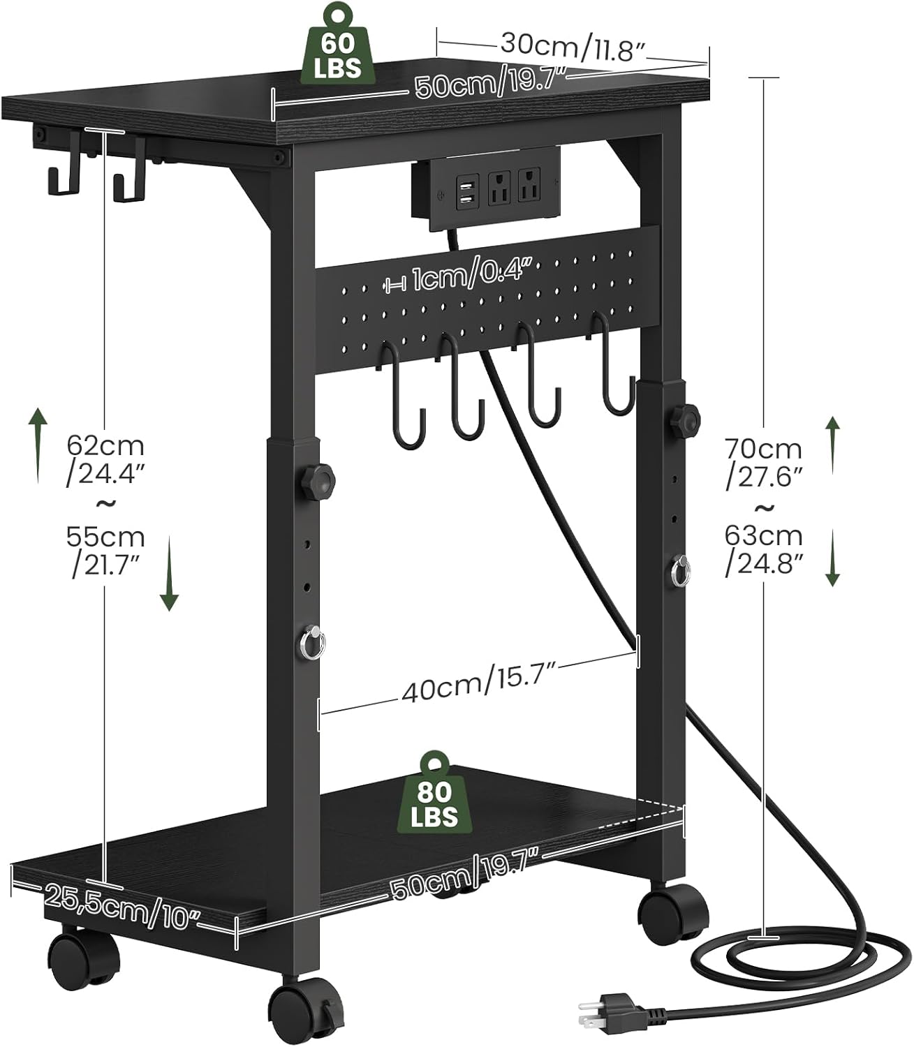 Computer Tower Stand, Height Adjustable PC Holder on Wheels, Computer Stand with Power Outlet, Under-Desk PC Cart with 6 Hooks, Movable Side Table, for Living Room, Office, Black TCJ50UBB