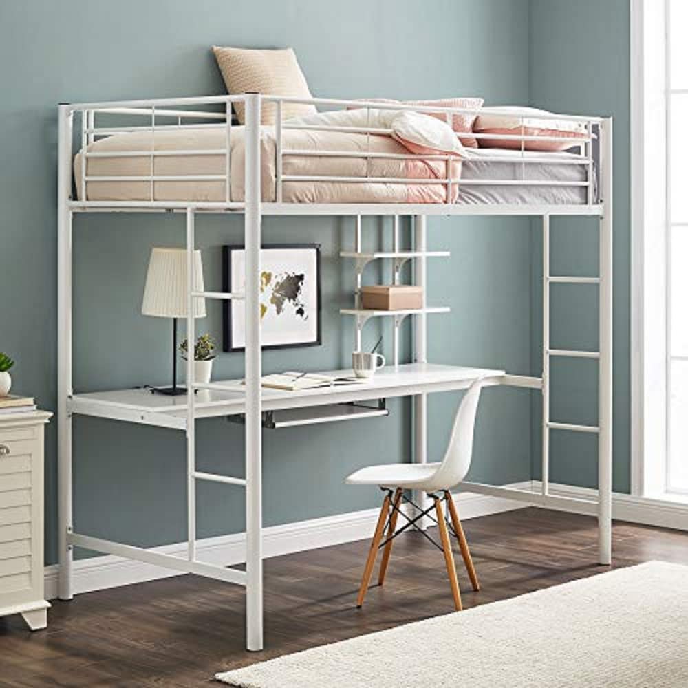 Walker Edison Timothee Urban Industrial Metal Double over Computer Desk Bunk Bed, Full Double, White
