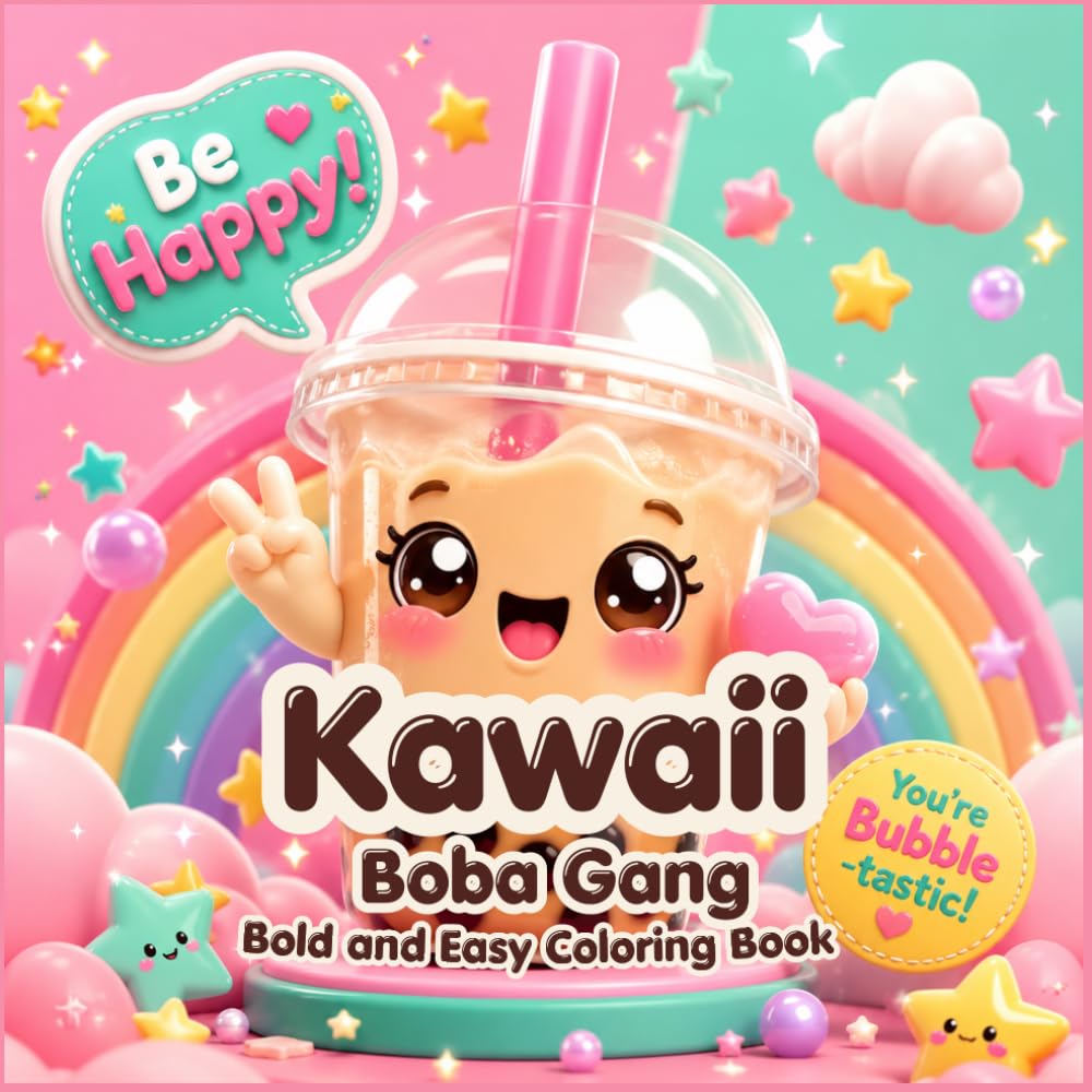 Bold and Easy Kawaii Boba Gang: Cute and Simple Bubble Tea Coloring Book for Kids, Teens, and Adults - Stress Relief Cozy Designs with Thick Lines