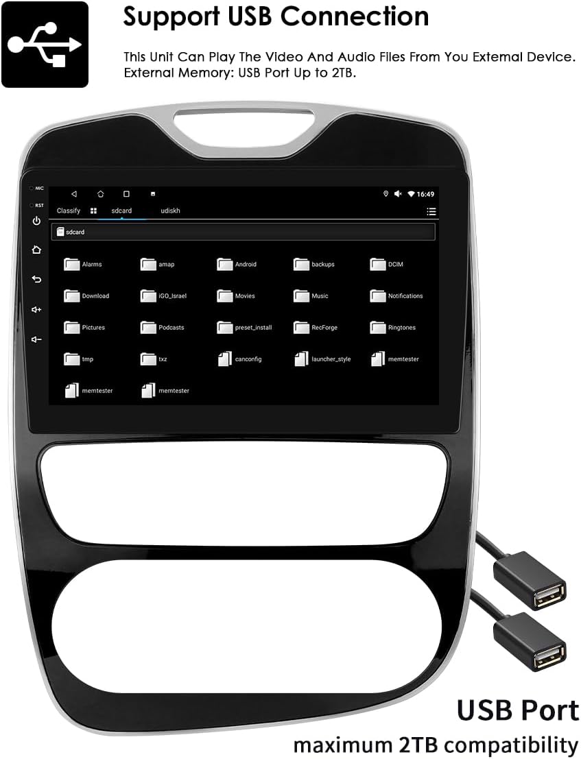 Image showing the autoradio screen displaying a file browser for USB content, with USB cables connected.