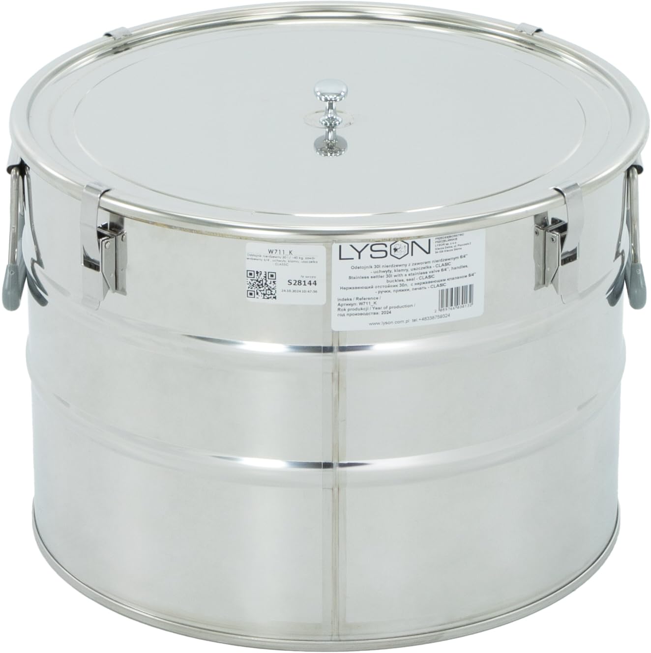 LYSON Abfüllbehälter 30l (ca. 40 kg) für Honig Abfülleimer mit rostfreiem Quetschhahn Edelstahl 6/4" Absetzbehälter zum Honigaufbewaren Abfüllkübel mit Deckel, Griffen, Halterungen und Dichtung