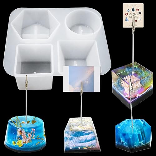 Voyyphixa 4 soportes para números de mesa, moldes de resina con 8 clips, moldes geométricos de silicona para resina epoxi, soporte de fotos, molde