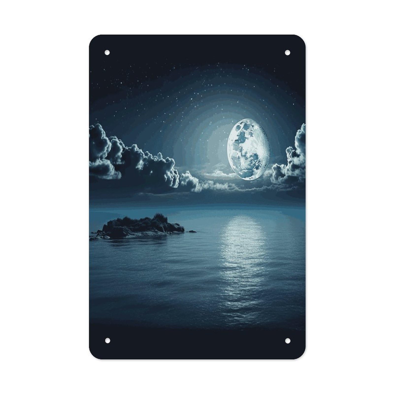 LDGSUPH Moon Ocean Landscape Wall Art Prints Folded Edge Iron Sheet Painting with Holes for Wall Prints Decorative Picture Metal Signboard Decor Painting for Outdoor Indoor Wall Decor
