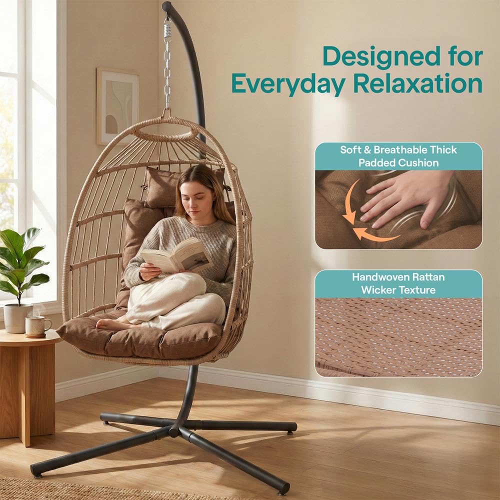 SereneLife wiszący fotel Egg z podstawą – rattanowy fotel wiszący z technorattanu, stalowa rama malowana proszkowo, wyściełana poduszka i zagłówek, idealny do sypialni, na patio i do ogrodu