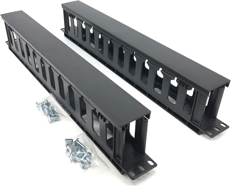 2 Pack 1U 19 inches Plastic Cable Manager with Cover 12 Slots | Horizontal Rack Mount Organizer with M6 Screws and Cage Nuts (PCMB12S2PC)