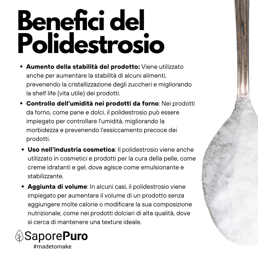 SaporePuro Polidestrosio in polvere 1 kg - Fibra alimentare solubile - Basso Contenuto Calorico, addensante e stabilizzante, ideale per Gelati, Dolci, prodotti da forno e bevande
