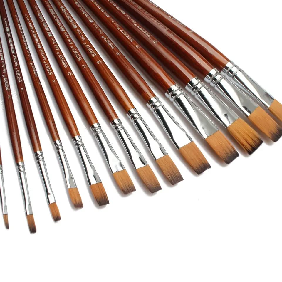 Image of Chrome Long Handle Synthetic Filbert Tip Artist Paint Brushes - 13 Piece Set (13pcs Flat Brush Set)