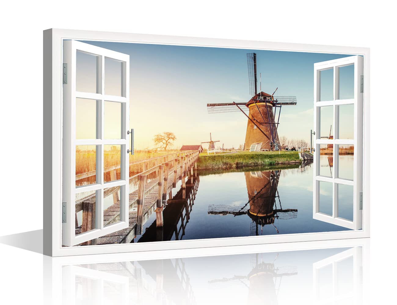 TISHIRON Dutch Windmills View 3D Window Effect Canvas Art Seaside Landscape Wall Art Canvas Prints Decor Posters for Living Room Bedroom Posters Prints Framed Ready to Hang