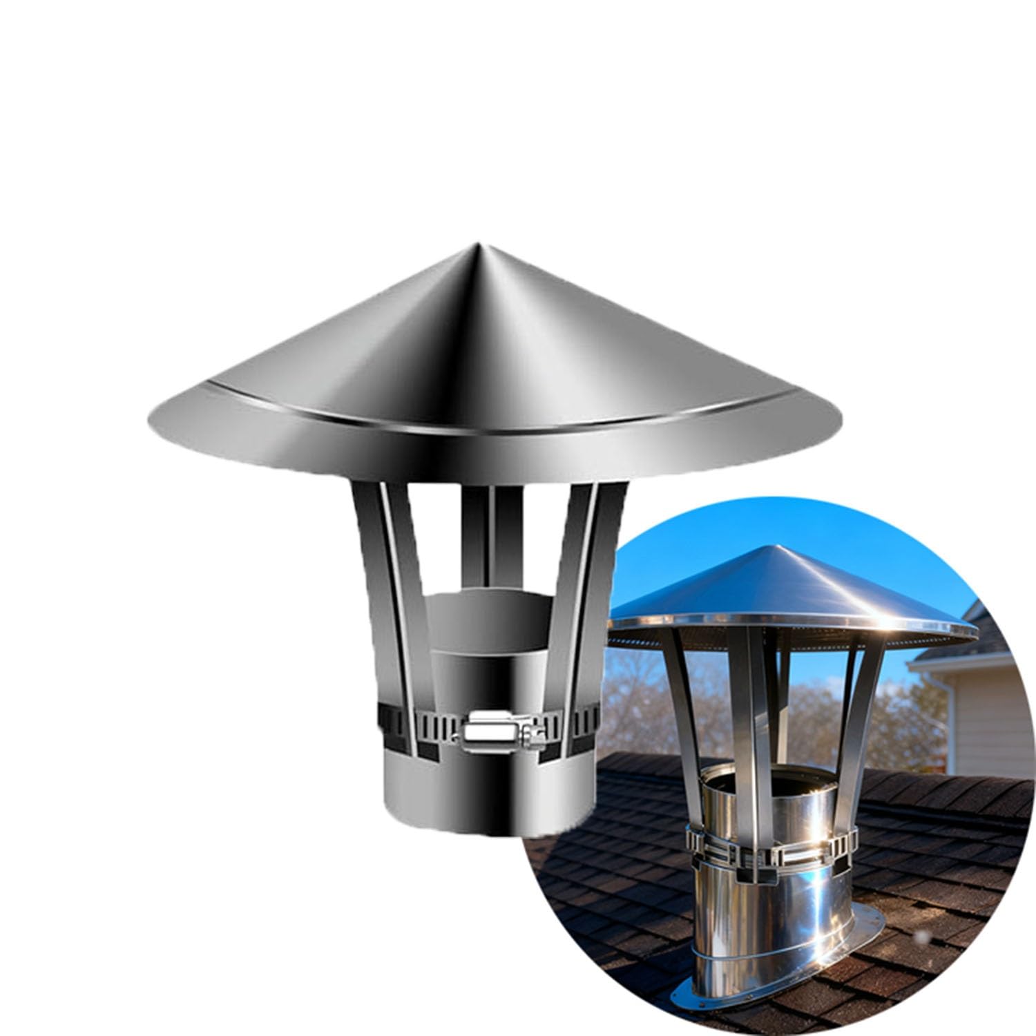 PFXNGMS 304 Stainless Steel Chimney Cap 5-30 cm, Chimney Rain Cap Silver Cone Top Chimney Cover, Furnace Vent Stove Pipe Topper for Exterior Fireplace Flue(11cm)