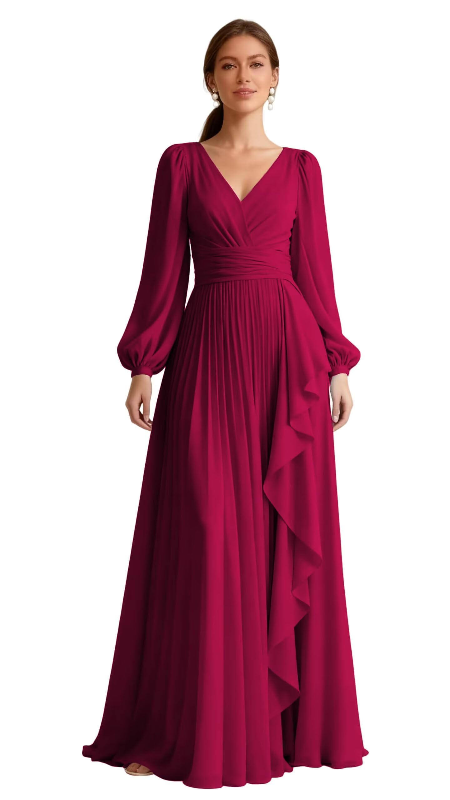 HUINI Langes Ärmel Plissiertes Brautjungfernkleid Chiffon V-Ausschnitt A-Linie formelles Abendkleid mit Taschen