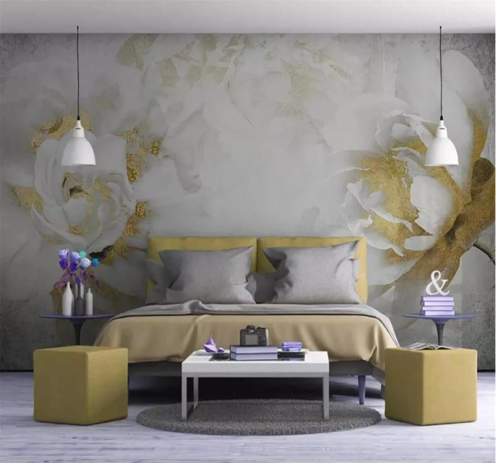 Tzxztt Exquisite Garden Flowers Golden Roses Modern 3D Wallpaper Premium Textured Silk Neutral Tones Material Ideal for Living Room Bedroom-350cm×256cm