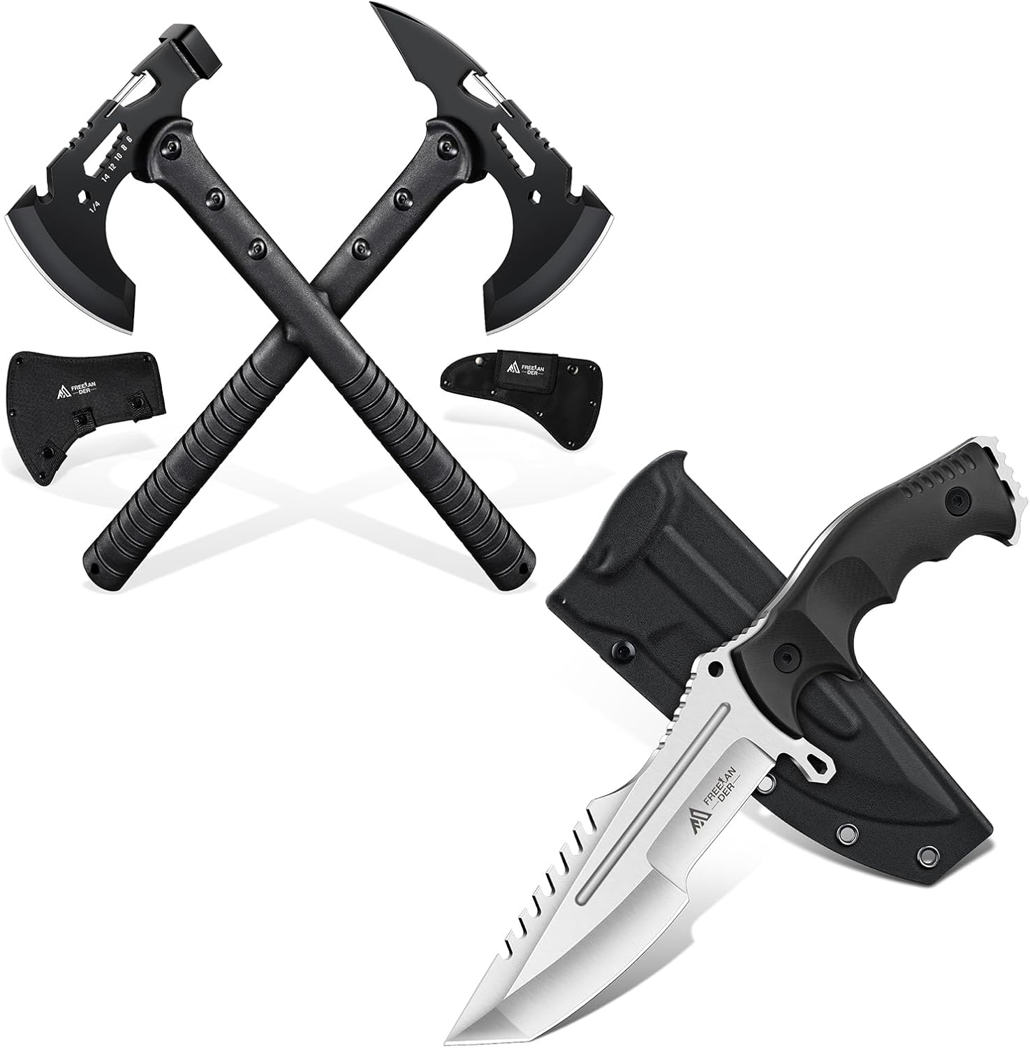 Freelander Tactical Axe 2 Pack and Outdoor Fixed Blade Knife with Kydex Sheath