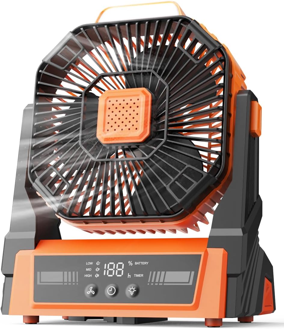 Portable Fan Rechargeable, 20000mAh Battery Powered Desk Fan with LED Lantern, Battery Operated Personal Tent Fans for Camping, Travel, Home, Bedroom, Jobsite, Beach Vacation Essentials Orange