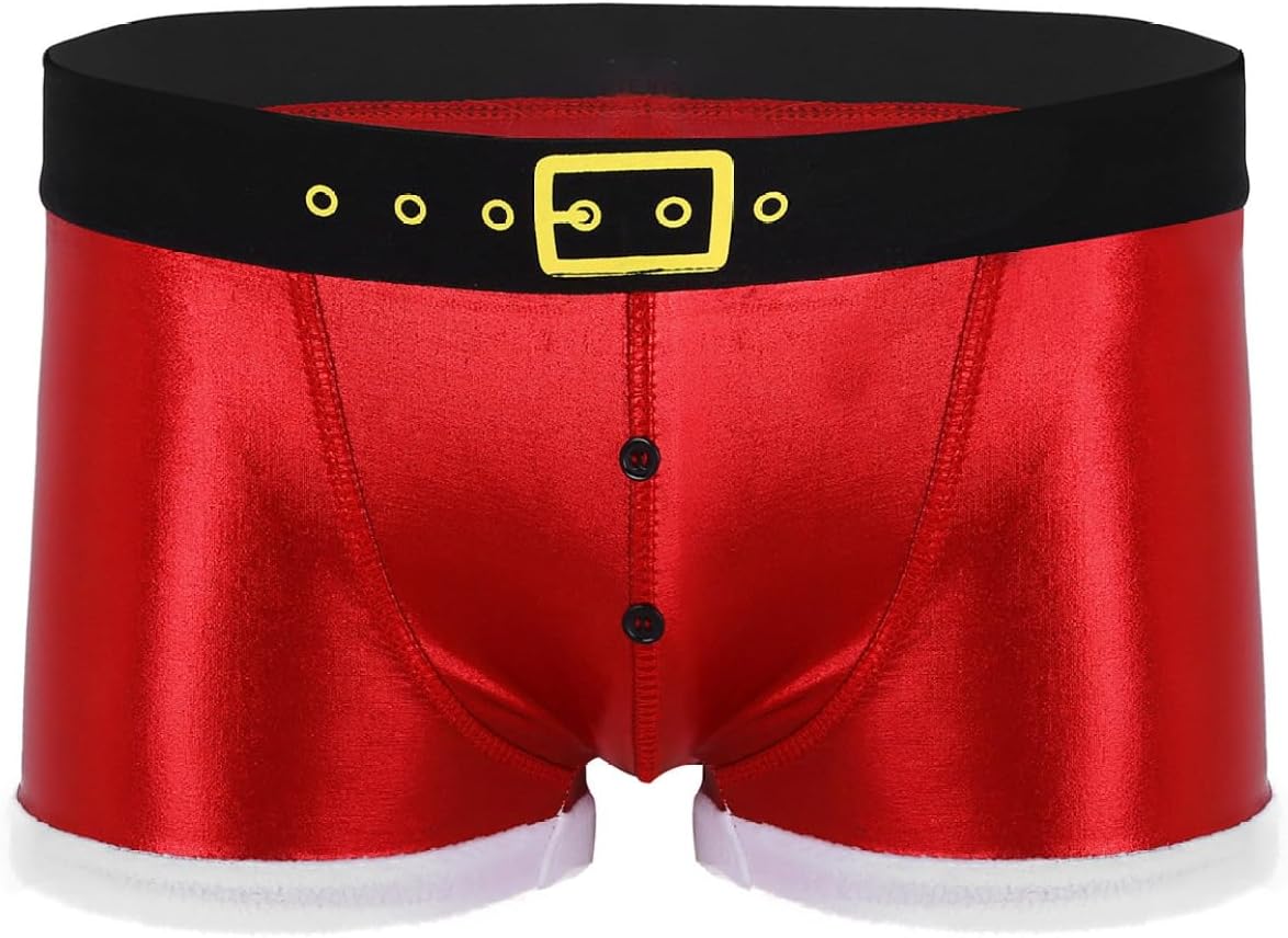 Men's Christmas Santa Claus Costume Faux Leathert Red Boxer Briefs Lingerie Shorts Underwear