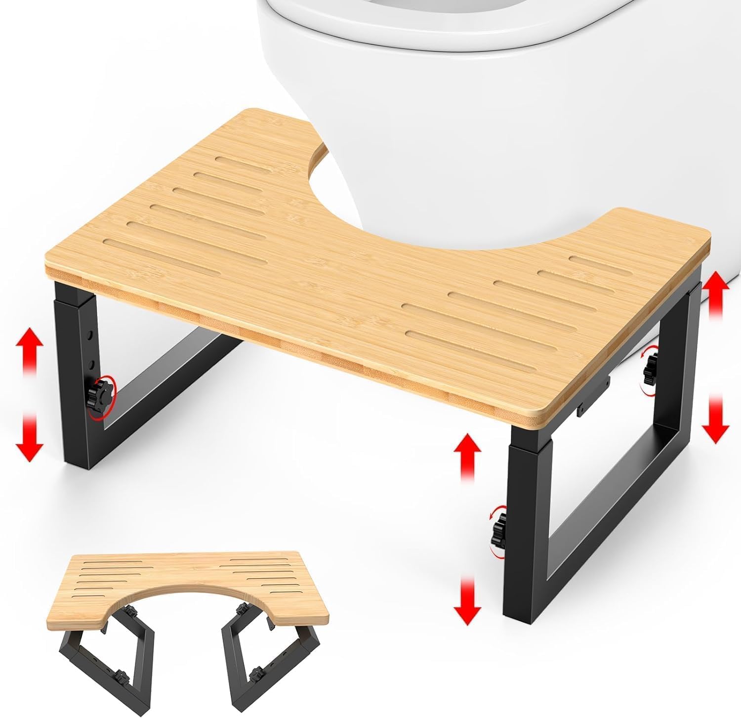 Bamboo Toilet Stool Foldable, 7 in, 8 in Or 9 in Adjustable Height Squat Stool Potty for Adults Kids, Sturdy Poop Step Stool for Bathroom, Improve Squatting Posture, Non-Slip,500 lbs Capability Black 7 8 9 Inch