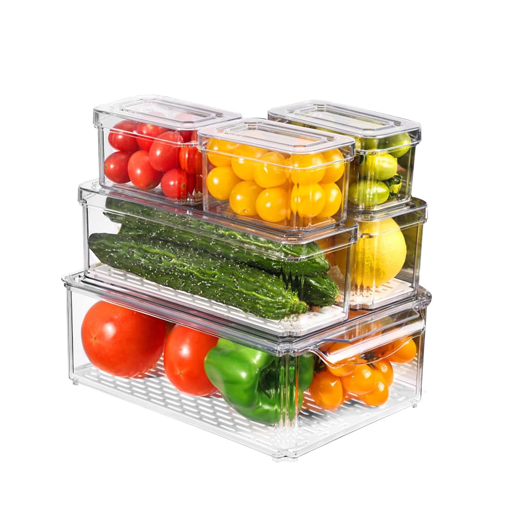SUPERLELE12pcs Fridge Organizer with Lids, Clear Stackable Refrigerator Organizer Bins with 6 Liners, BPA-Free Produce Fruit Storage Containers and Plastic Pantry Organization for Food, Vegetable