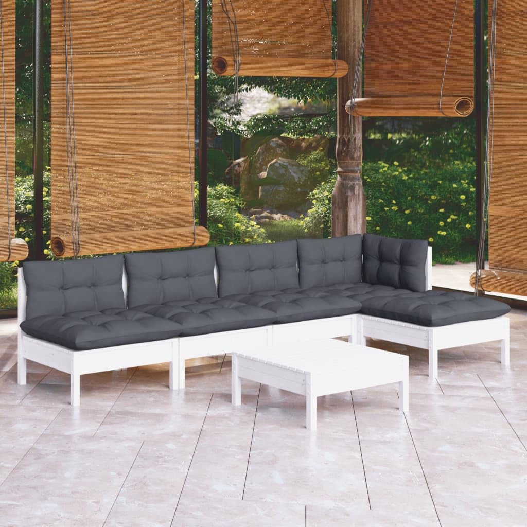Salon de Jardin 6 Pièces en Bois de Pin Massif Blanc, Ensemble Canapé d'angle, Canapés Centraux et Repose-Pieds avec Coussins Gris Anthracite pour Terrasse et Patio