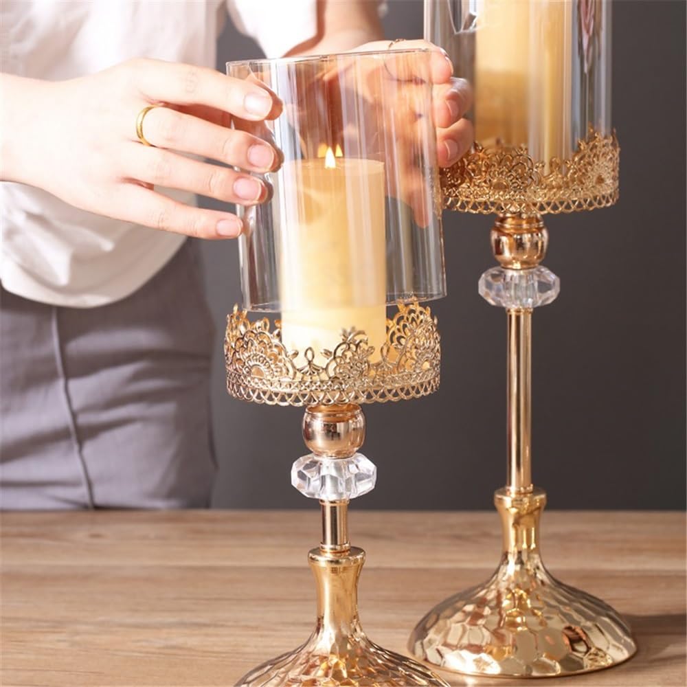 Portavelas Decoración de Mesa Comedor con candelabro Cristal y Metal Dorado Decoración(Pequeño)