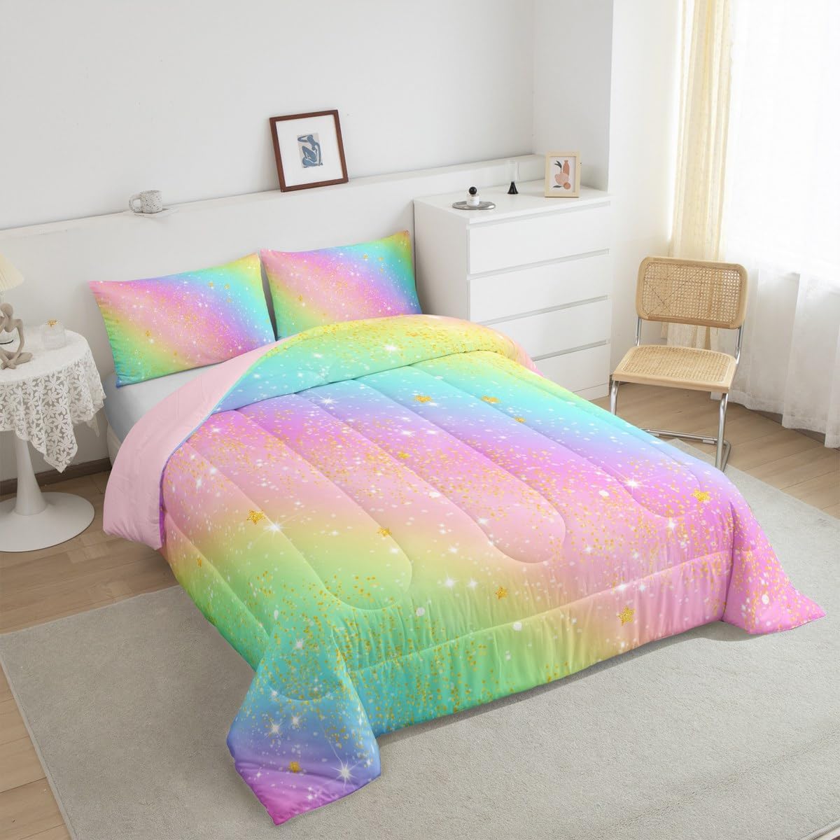 Feelyou Pink Rainbow Comforter Set Twin Size Glitter Galaxy Bedding Set for Kids Boys Girls Colorful Duvet Quilt Lovely Kids Rainbows Bedroom Decor Multicolor Microfiber 2 Pcs with 1 Pillow Cases