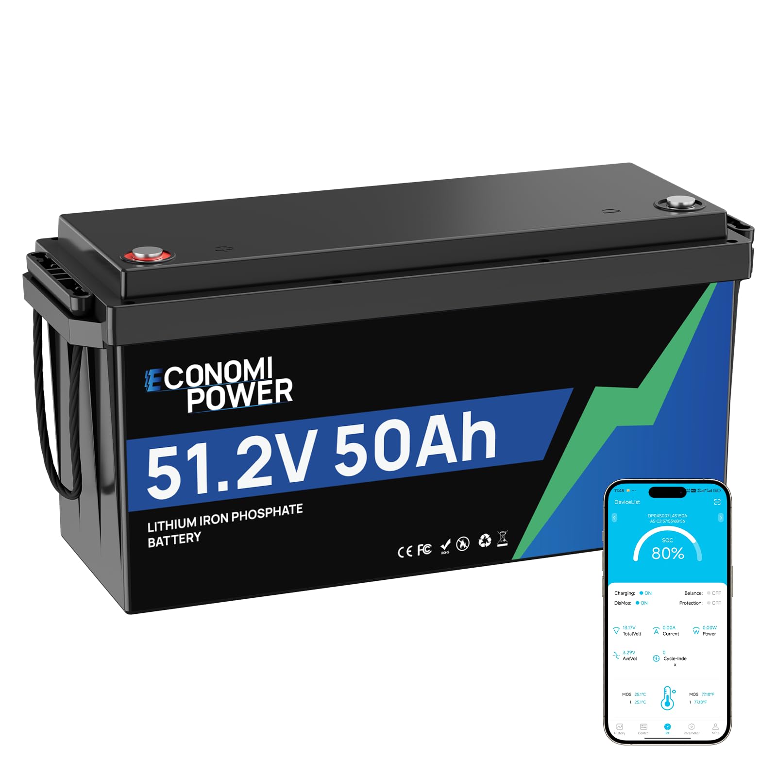 48 V 50 Ah LiFePO4 Batería de Litio con Bluetooth y BMS de 50 A Integrado, Células A, 10 años de vida útil, Perfecta para Solar, Autocaravanas, Motores de Arrastre