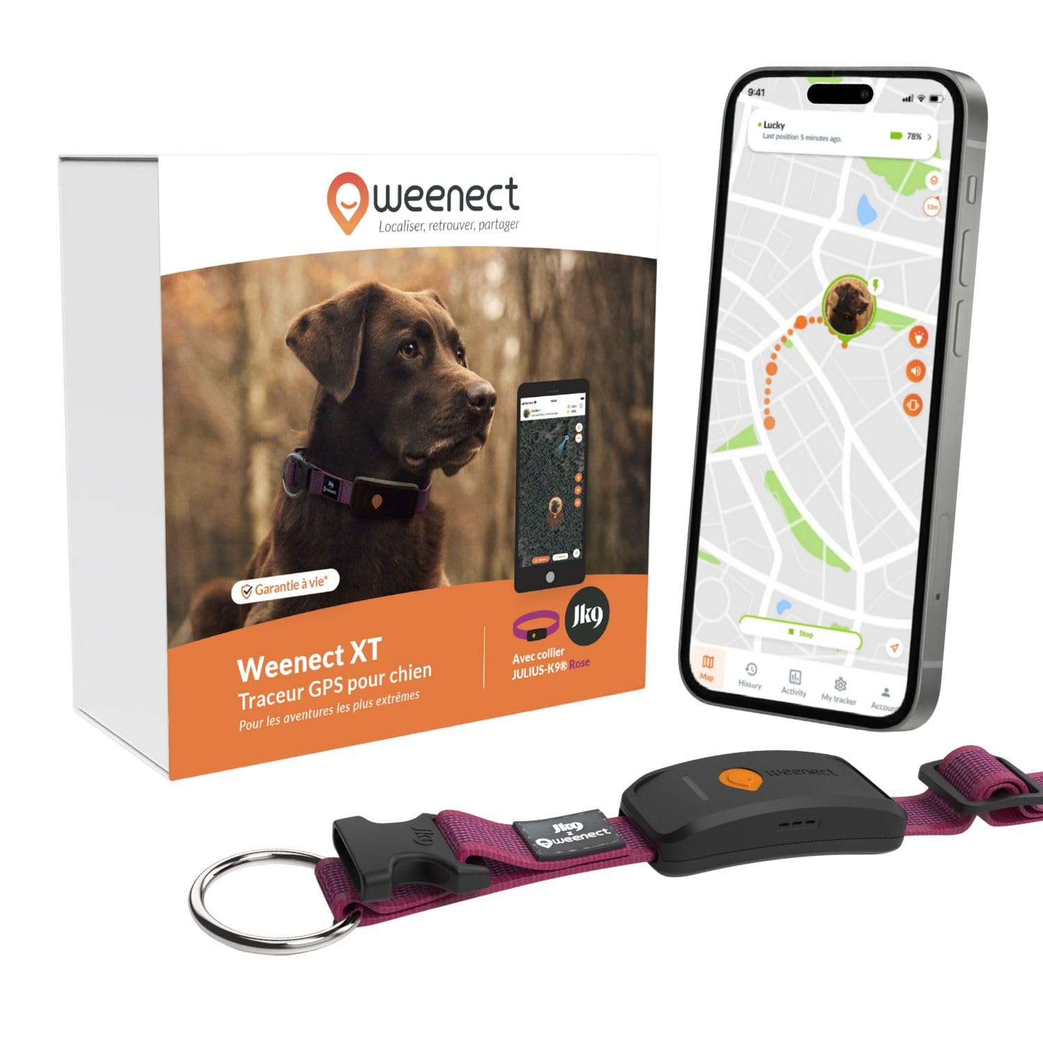 Weenect Chien XT - Nouveau Collier GPS pour Chien | Antenne XL | Etanche | Collier Hyper résistant intégré Julius-K9 | Garantie à Vie | Abonnement Requis