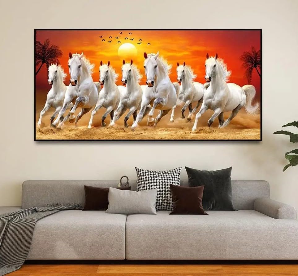 Image of AADEE CRAFT Seven Running Horses at Sunrise Floating Frame Canvas Wall Painting For Living Room Drawing Room Bedroom Home Decor Office Size Large (48x24 Inches)