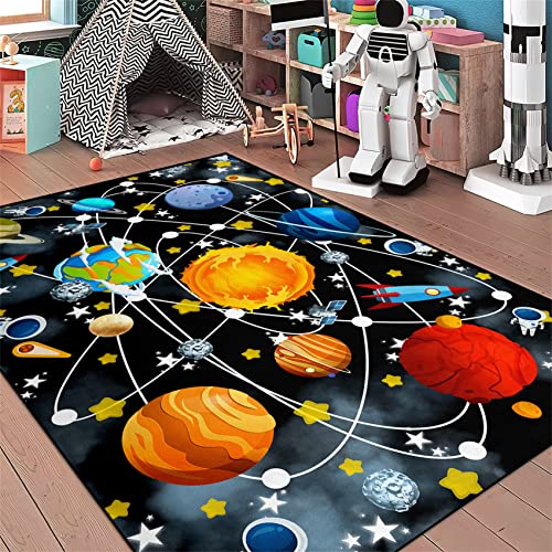 Blue Space Rugs Educational Learning Large Size Solar System Carpet Rugs Kids Rug for Bedroom Boys Space Area Rug Living Bedroom Dining Room Decor, 3'×4'