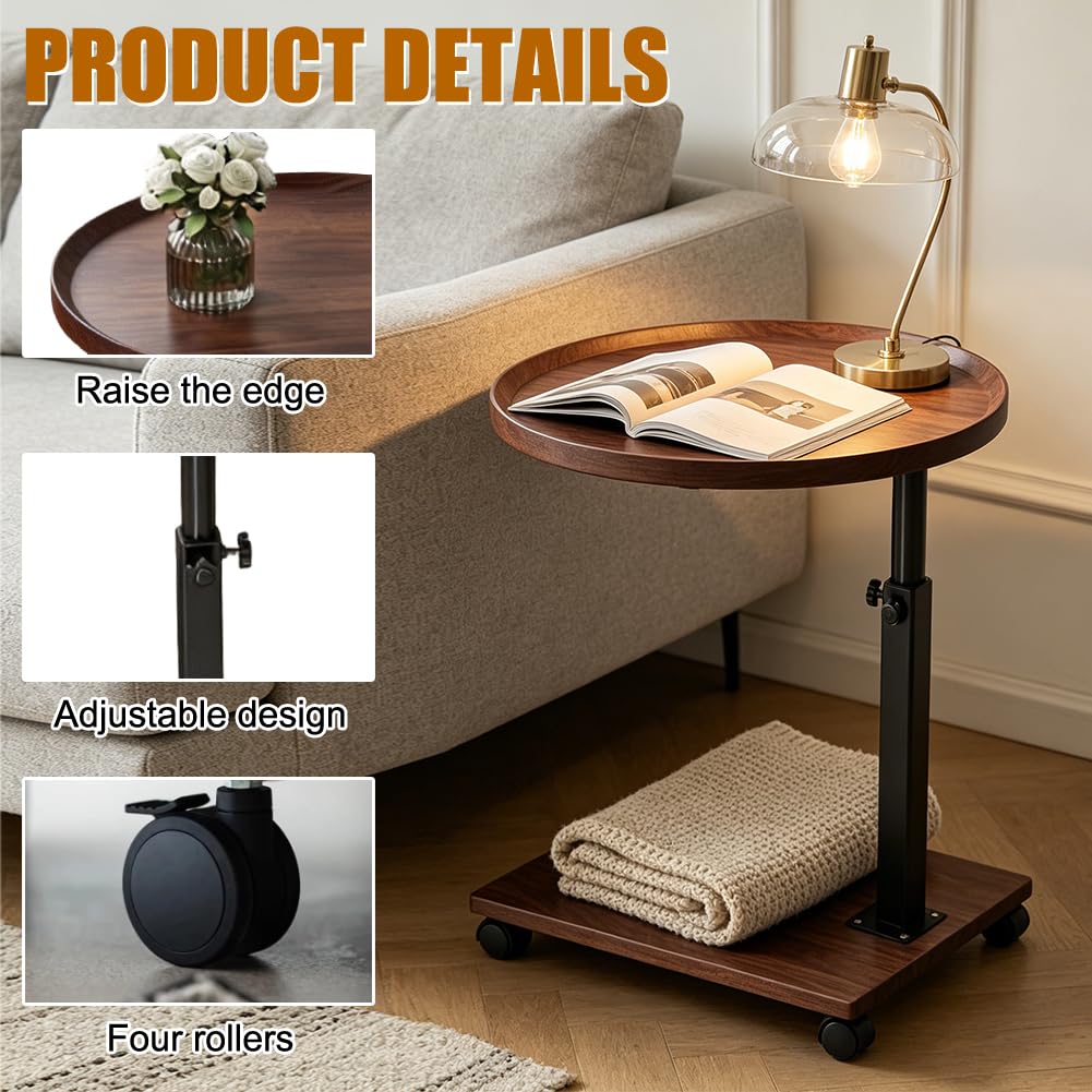 Mesa auxiliar giratoria de 360 grados, mesa auxiliar con ruedas, altura ajustable 45 – 80 cm, mesa de sofá en forma de C, mesa de centro redonda pequeña para sofá, cama y oficina en casa