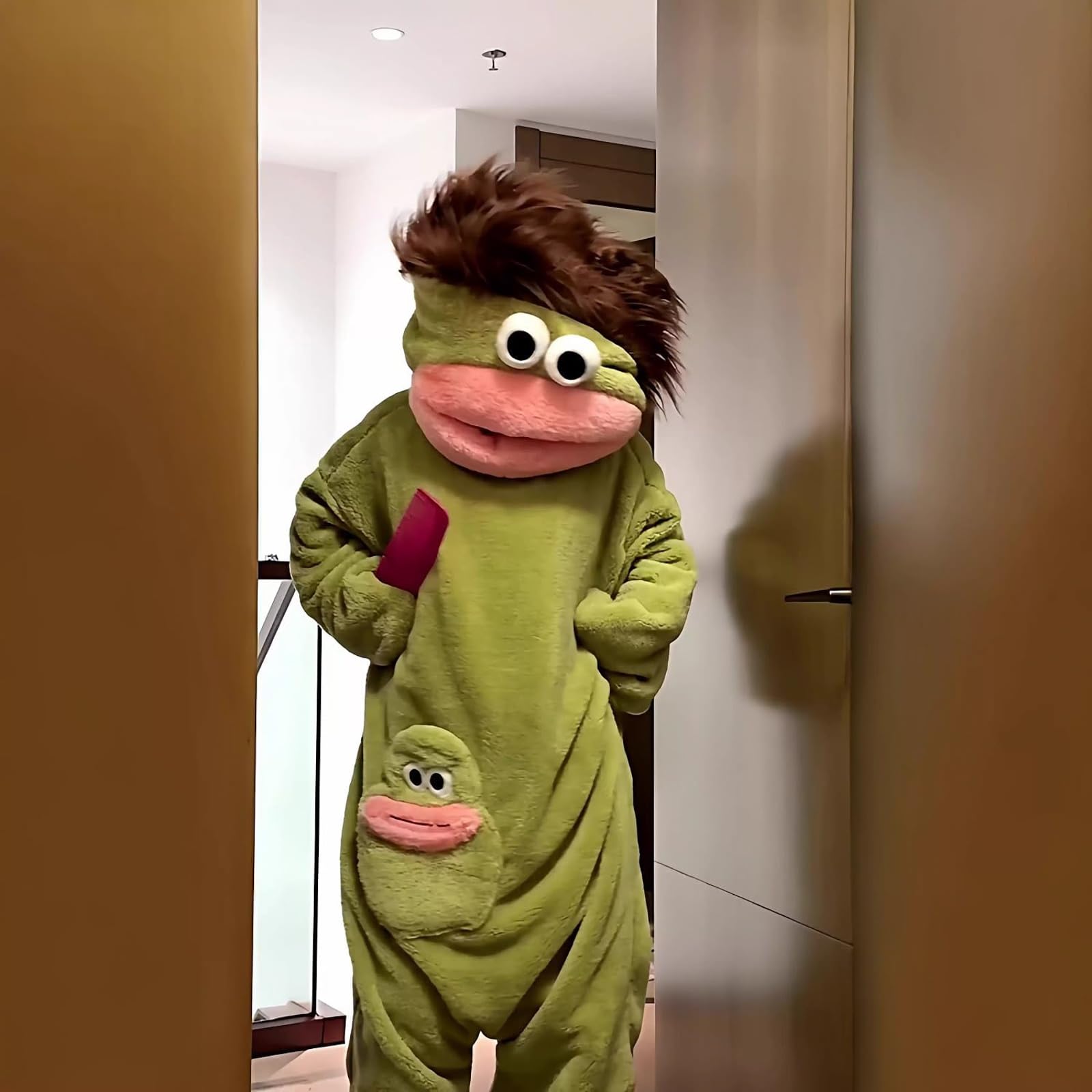 Generisch Silly Onesie, Lustiger grüner Monster-Hoodie aus Fleece, kuscheliger Ultraweicher Einteiler für Zuhause Damen Herren Pyjama Funny Schlafanzug Cosplay Jumpsuit Karneval