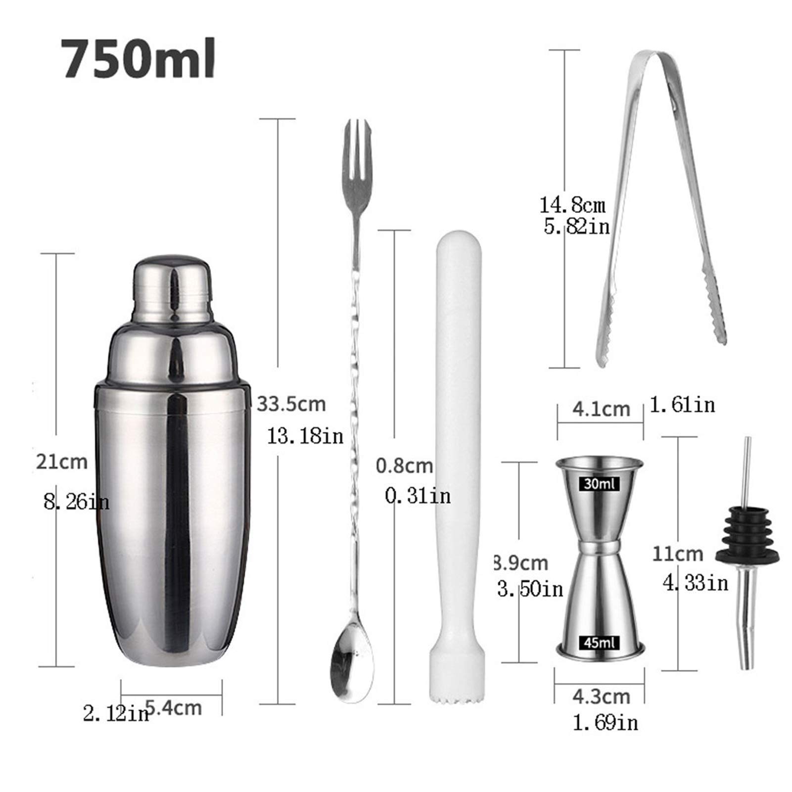Mezclador de vino Sistema de 6 piezas para los camareros o los mixólogos - Accesorios de conjunto de barra de casas, mezcla de acero inoxidable Kit de barmandero con shakers, coladores, jigger, Muddle