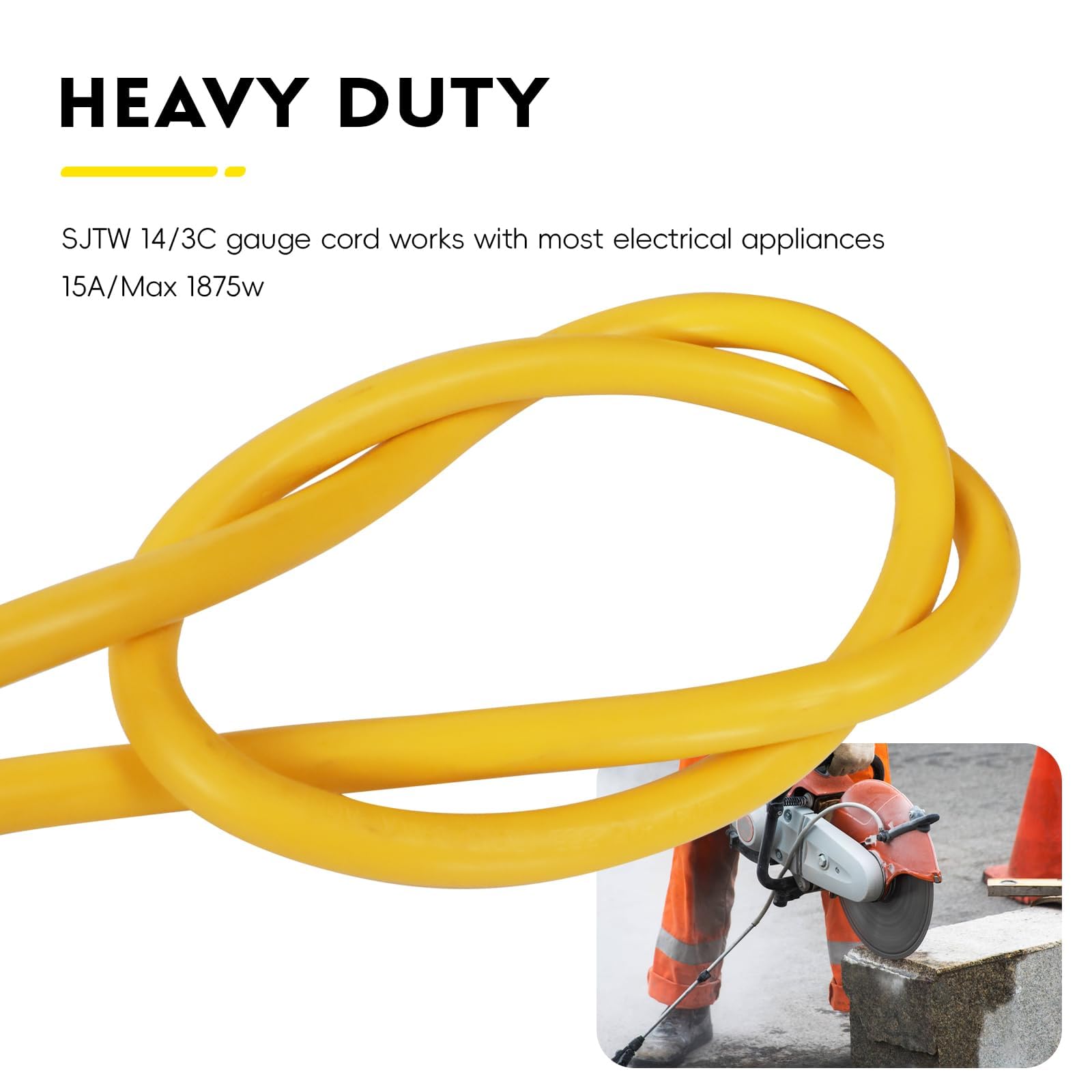 EP Cable de extensión para exteriores iluminado de 14/3 de calibre 14, SJTW, cable de extensión amarillo resistente con enchufe de tierra de 3 puntas, ideal para césped, jardín, electrodomésticos