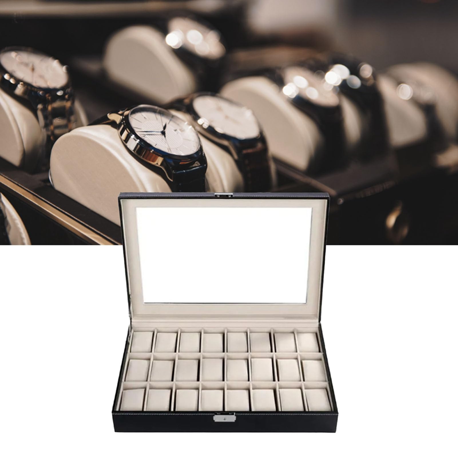 Porta Orologi Tyenaza 24 Slot - Scatola Con Vetro E Serratura In Pelle PU Kit Orologiaio Professionale