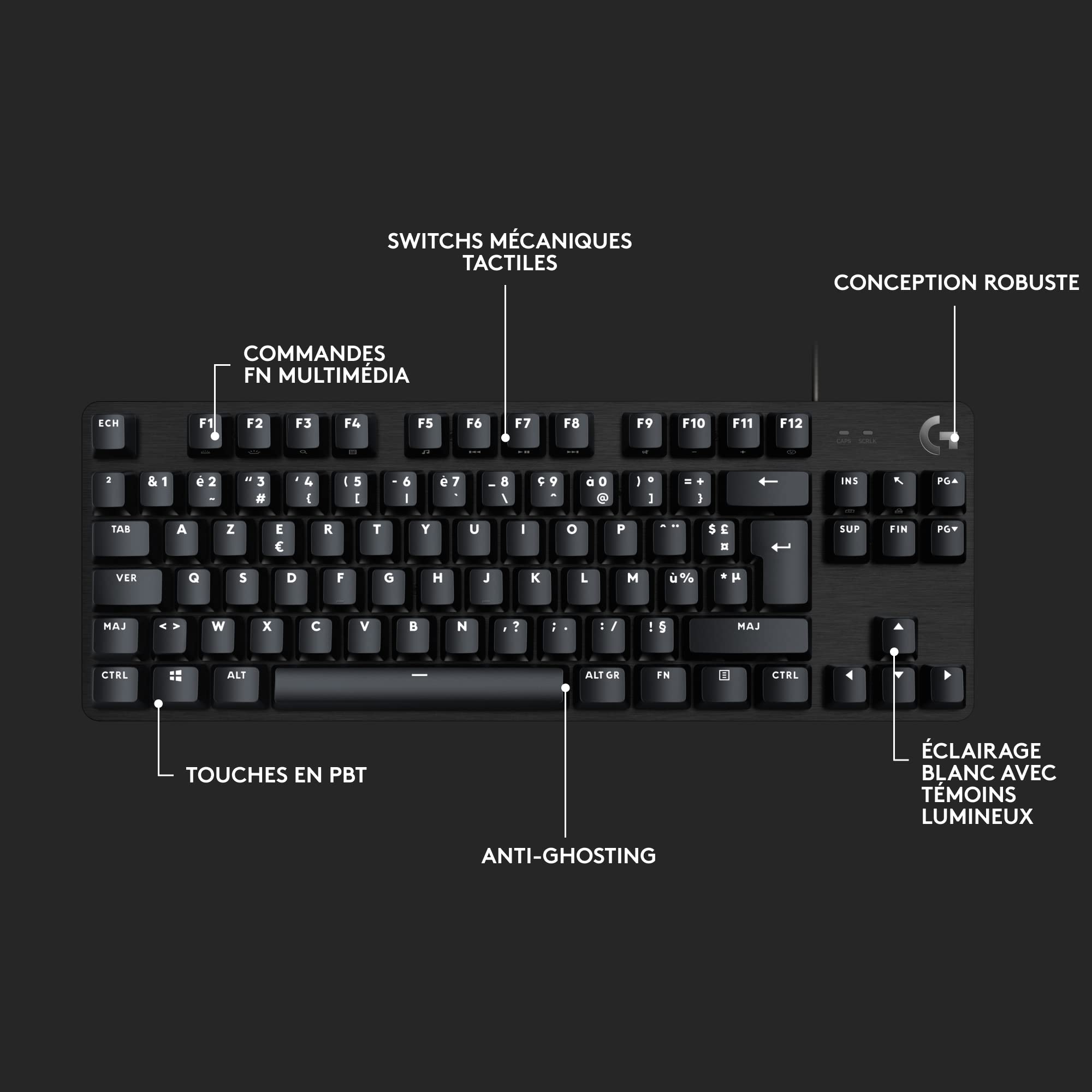 Logitech G G413 TKL SE Clavier Gaming Mécanique - Rétroéclairé avec Switches Mécaniques Tactiles, Anti-Ghosting, Compatible avec Windows, macOS, Clavier Français AZERTY - Noir