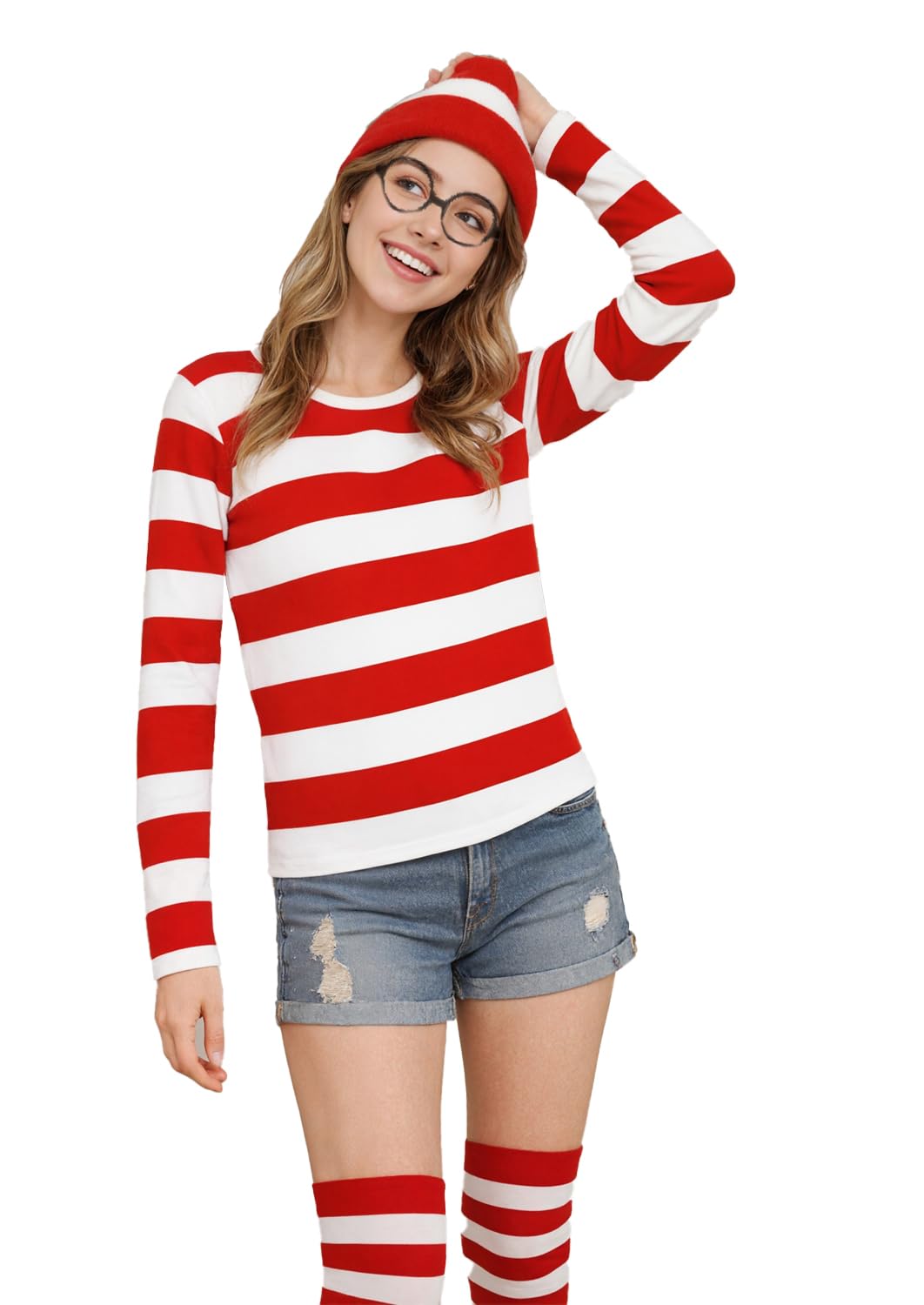 GOLDSTITCH Women's Adults Red and White Striped Shirt Costume Set Halloween Costume Shirt Glasses and Hat Suit