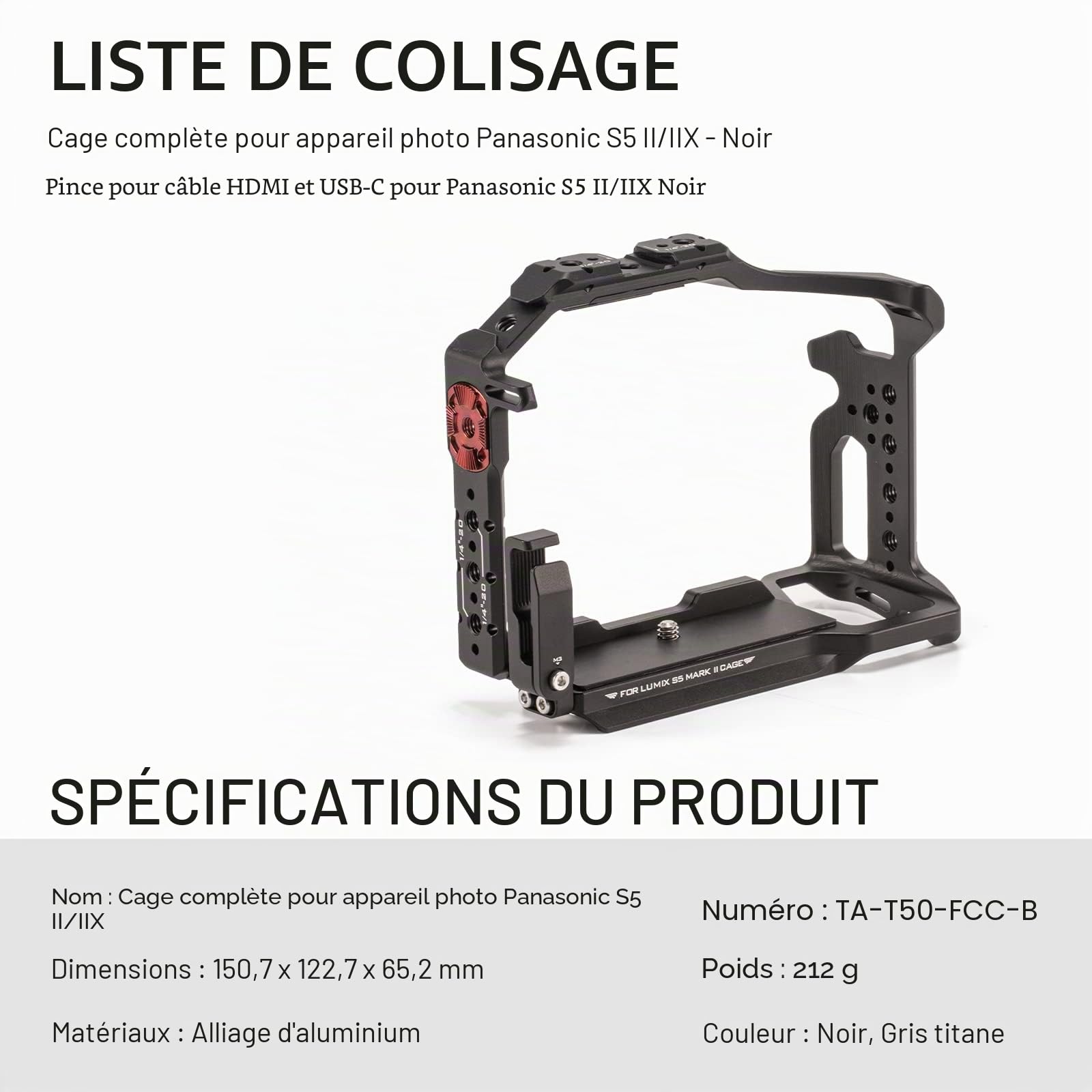 Tilta Cage pour Appareil Photo Complet Compatible avec Lumix S5 II/S5 IIX/G9 II, avec Pince pour câble HDMI USB-C - Noir TA-T50-FCC-B