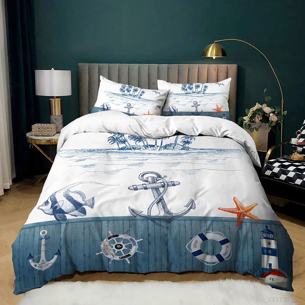 Parure de lit microfibre 180x220 respirante et housse de couette imprimée marine
