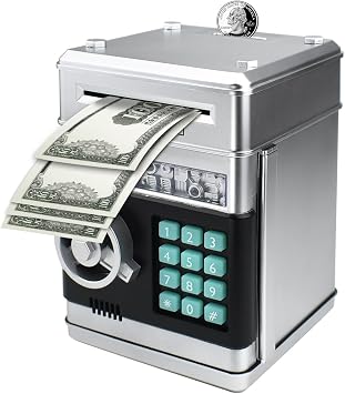 Electronic Piggy Bank Code Lock for Kids Baby Toy, Mini ATM Safe Coin Cash Banks Real Money Saving Box with Password, Auto Money Scroll for Children,Boys Girls Birthday Gift Silver
