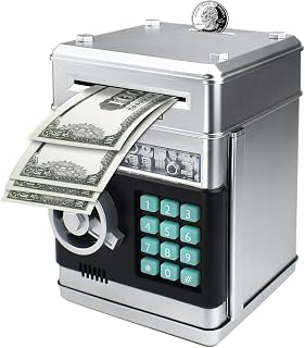 Electronic Piggy Bank Code Lock for Kids Baby Toy, Mini ATM Safe Coin Cash Banks Real Money Saving Box with Password, Auto Money Scroll for Children,Boys Girls Birthday Gift (Silver)