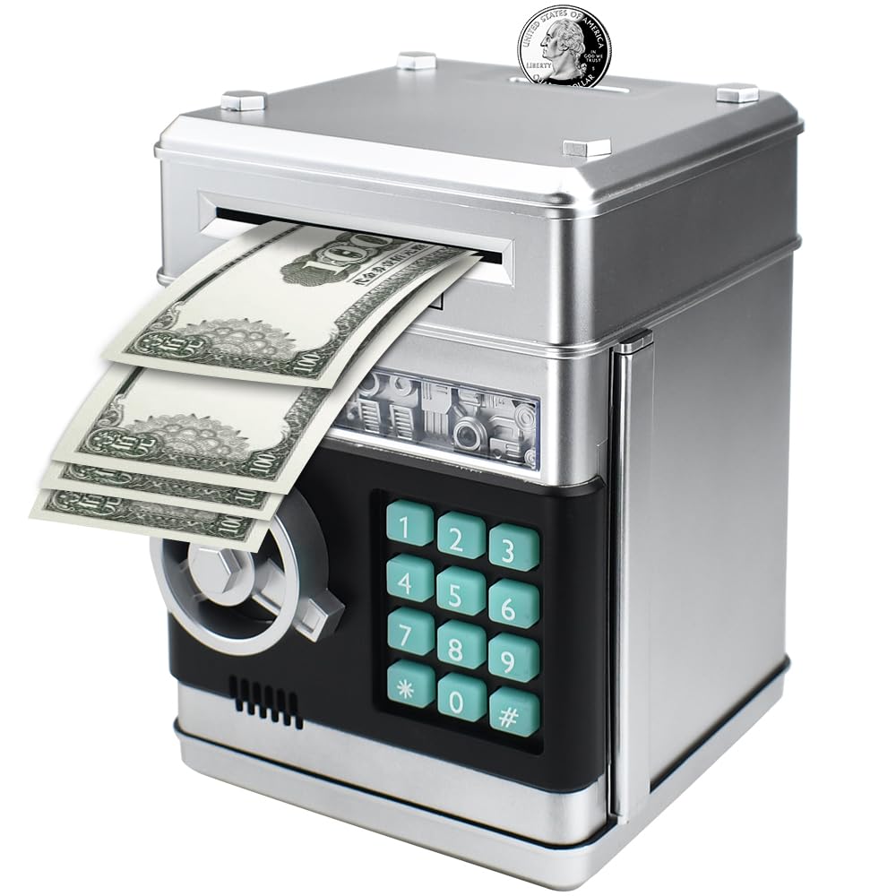 Suliper Electronic Piggy Bank Code Lock for Kids Baby Toy, Mini ATM Safe Coin Cash Banks Real Money Saving Box with Password, Auto Money Scroll for Children,Boys Girls Birthday Gift (Silver)