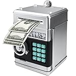 Suliper Electronic Piggy Bank Code Lock for Kids Baby Toy, Mini ATM Safe Coin Cash Banks Real Money Saving Box with Password, Auto Money Scroll for Children,Boys Girls Birthday Gift (Silver)