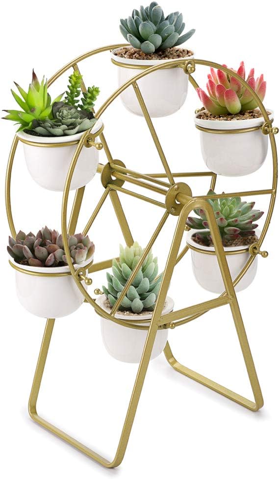 JUXYES Ferris Wheel Planter Succulent Plant Stand with 6 Flower Pot, Succulent Plant Bonsai Holder Ceramic Succulent Planter Pot Display Stand Rack for Home Office Decor (Golden)