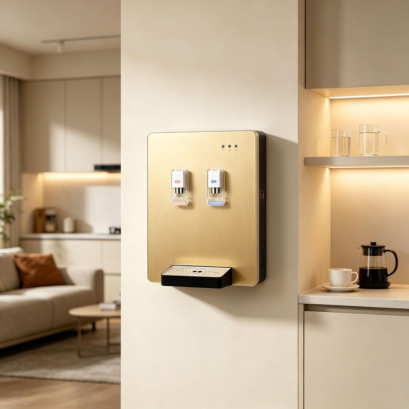 Dispensador de agua de pared dorado con bandeja y dos temperaturas