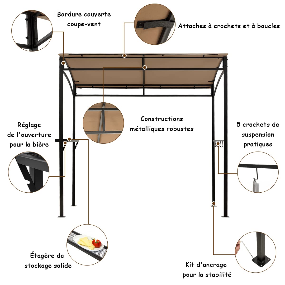 COSTWAY Abri Barbecue Exterieur de 216 cm Cadre en Métal Imperméable, Tonnelle Barbecue Exterieur avec Étagère de Service et Crochets de Rangement, Belvédère pour Jardin Cour (Marron)