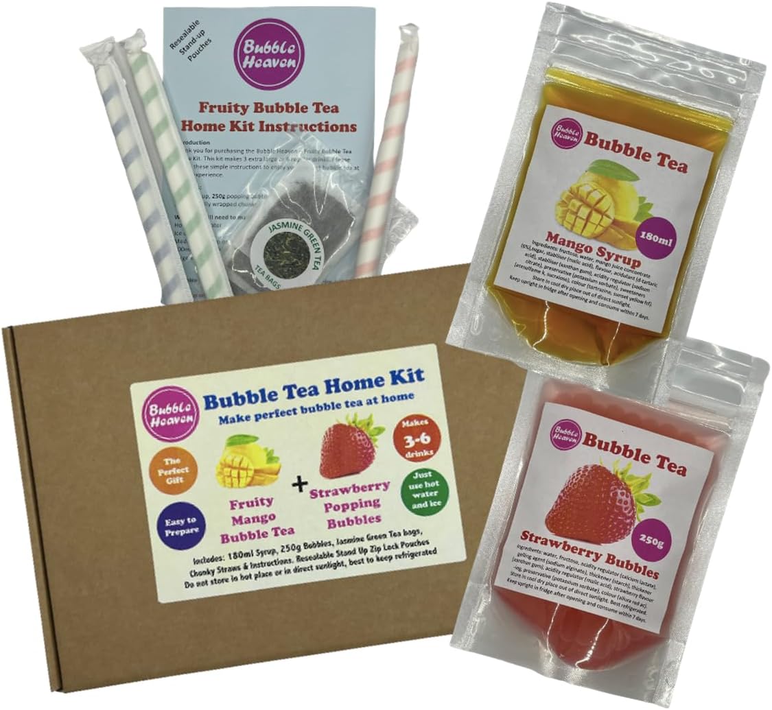 Bubble Heaven Fruity Bubble Tea with Popping Bobas Home Kit 3 to 6 Drinks Mango & Strawberry
