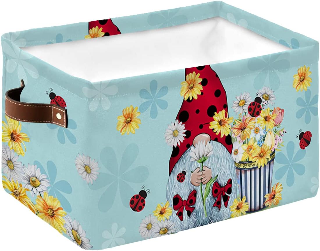 Storage Bins Large Storage Basket,Summer Ladybug Gnome Yellow Daisy Flower Collapsible Storage Bins with Handle,Watercolor Bloom Floral on Blue Storage Baskets Cube Organizer for Shelves Closet